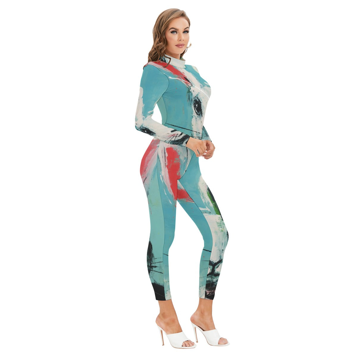 All-Over Print Women's Long-sleeved High-neck Jumpsuit With Zipper