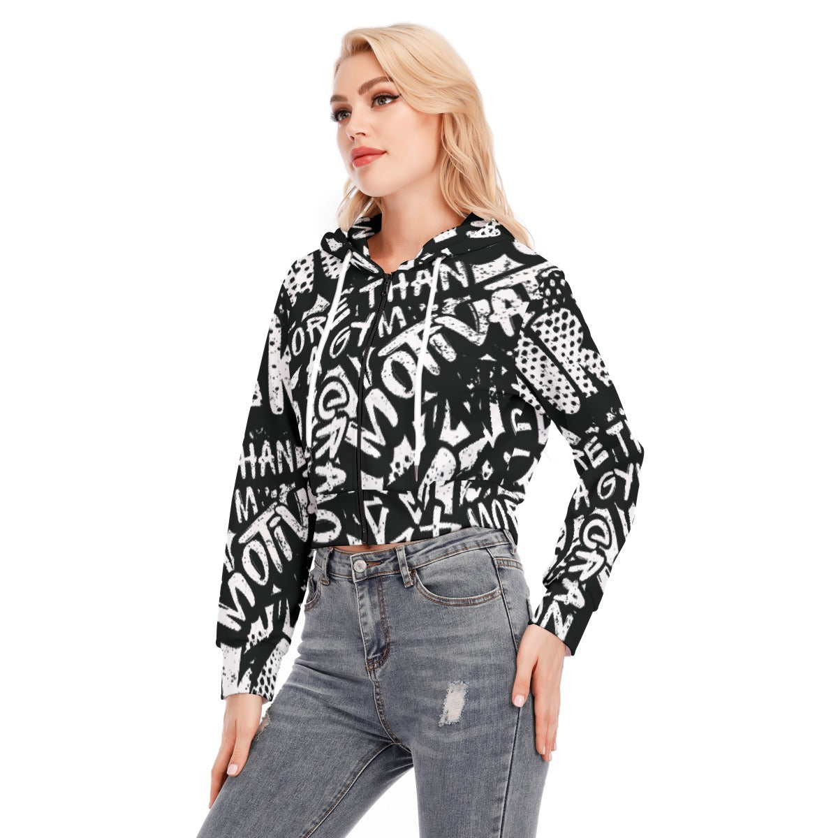 All-Over Print Women's Crop Top Hoodie With Zipper Closure
