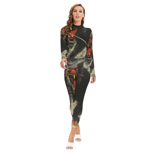 All-Over Print Women's Long-sleeved High-neck Jumpsuit With Zipper