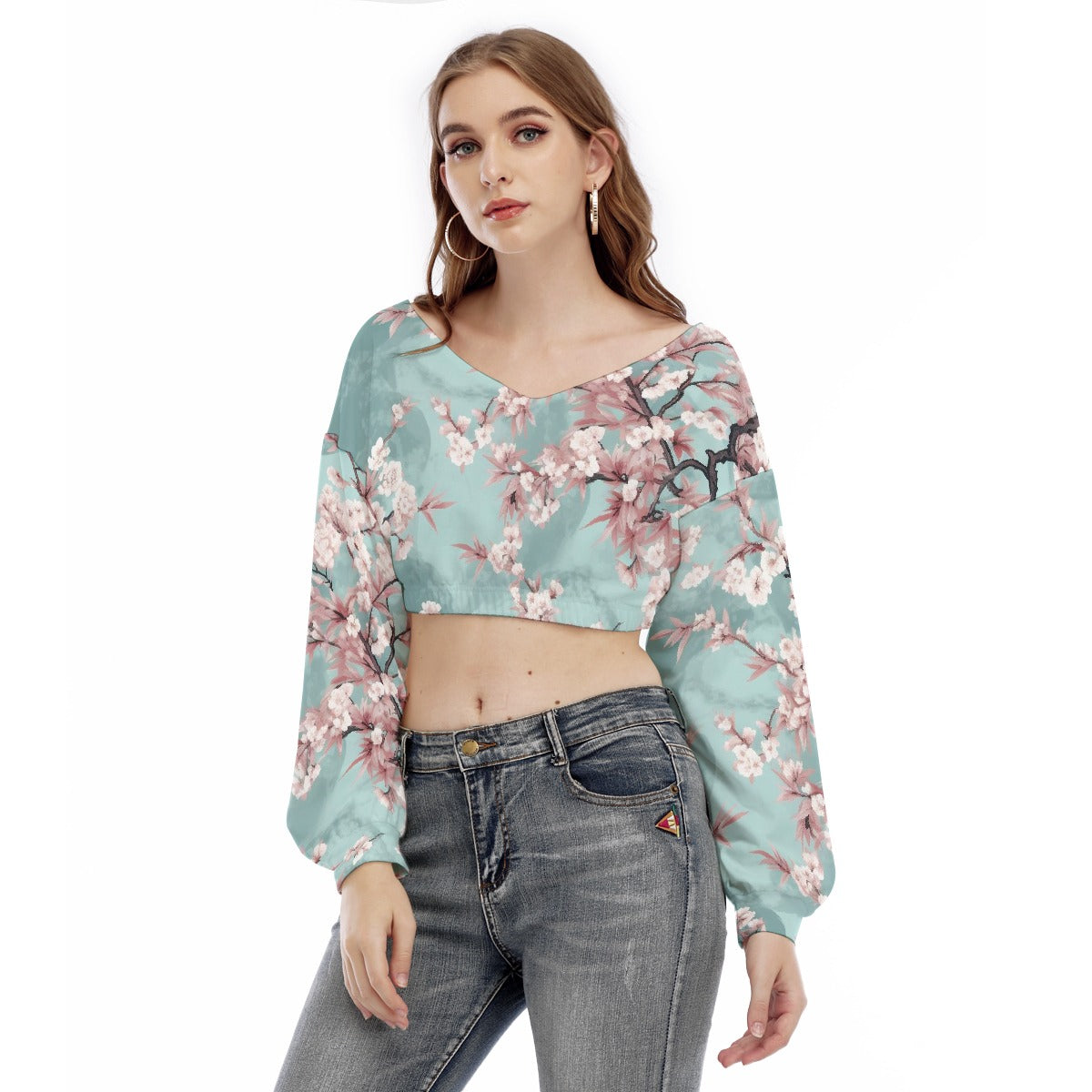All-Over Print Women's V-neck Long Sleeve Cropped Sweatshirt