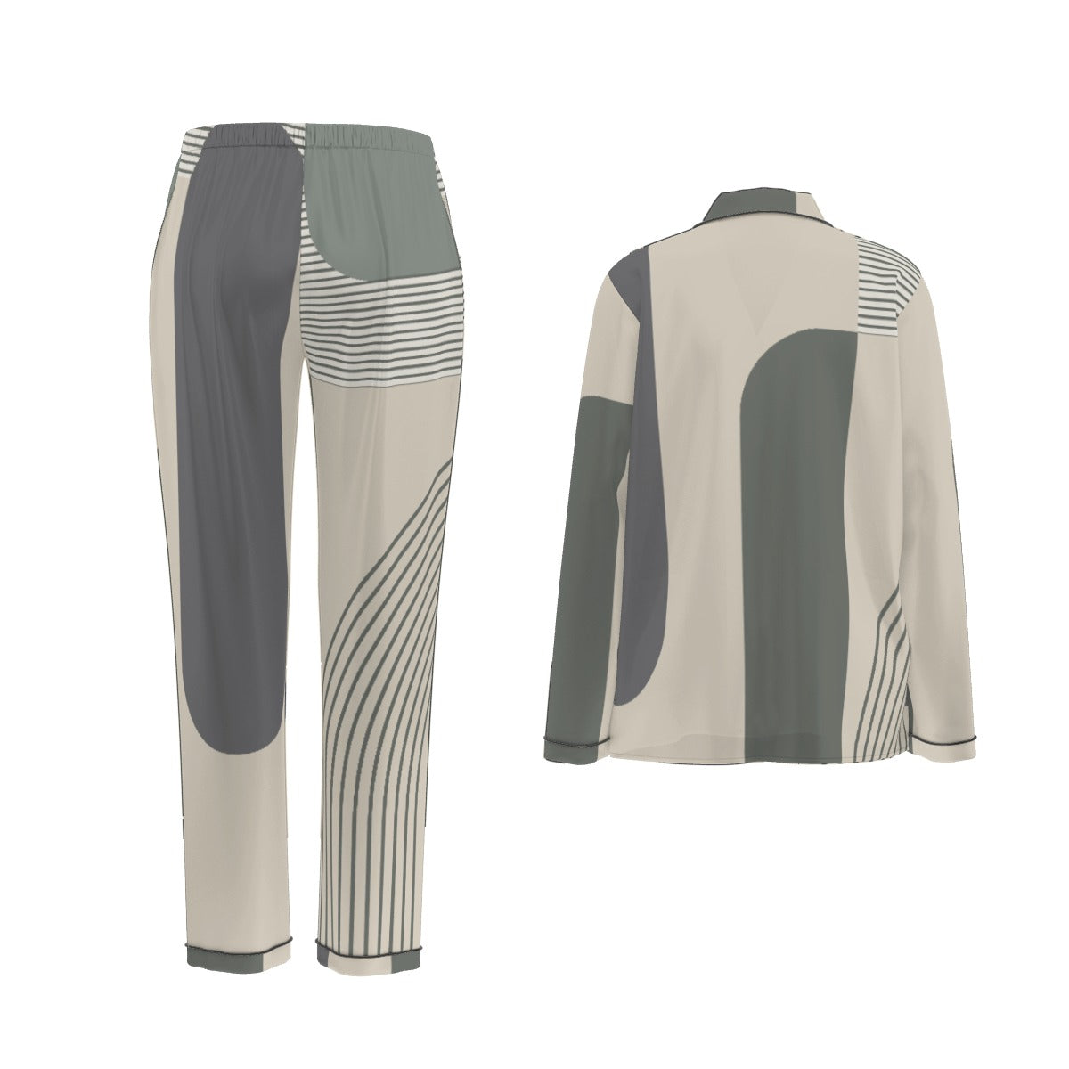 All-Over Print Women's Long Sleeve Pajama Set With Black Contrast Piping