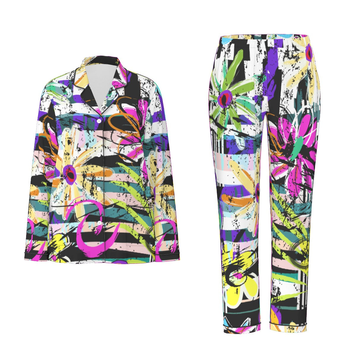 All-Over Print Women's Long Sleeve Pajama Set With Black Contrast Piping