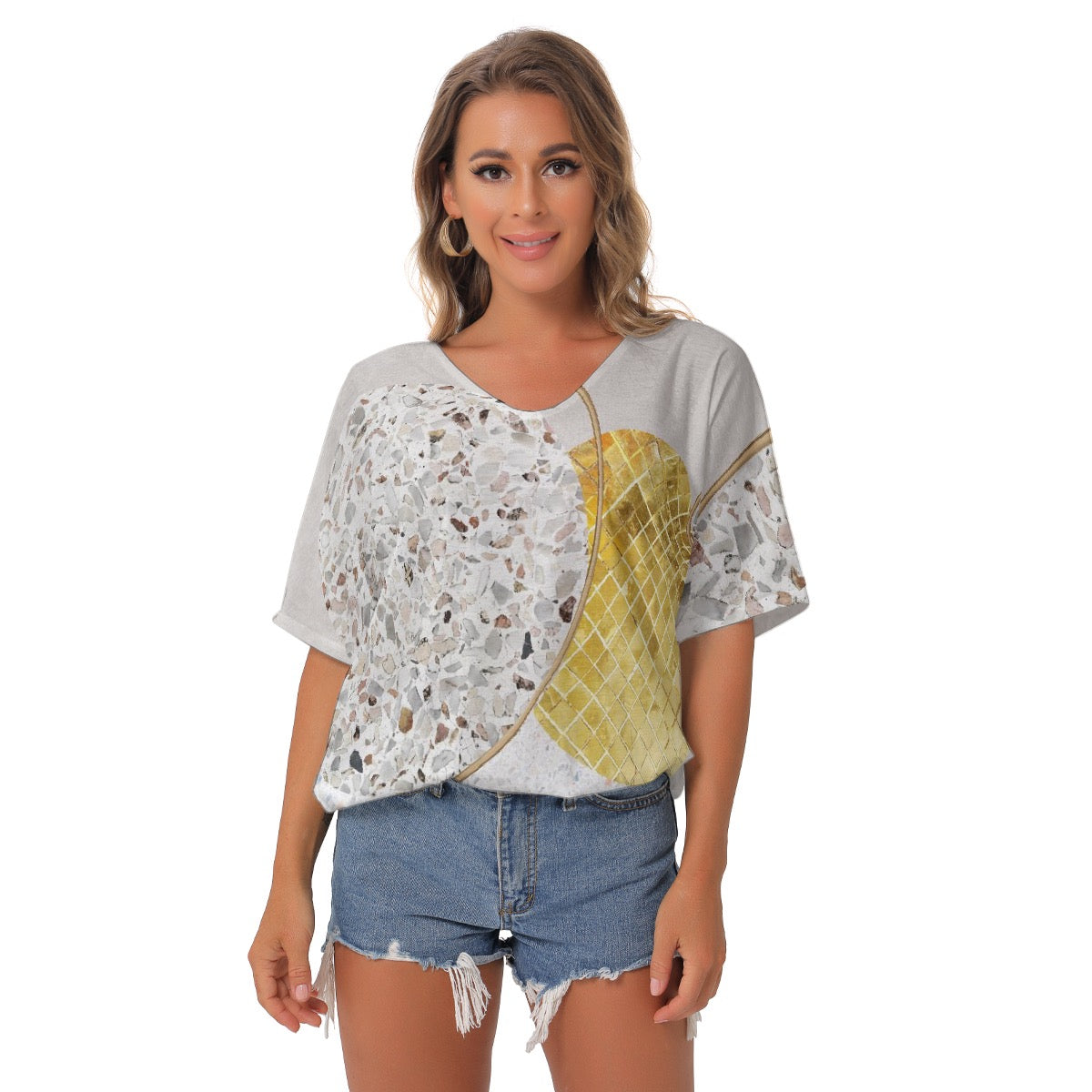 All-Over Print Women's Bat Sleeves V-Neck Blouse