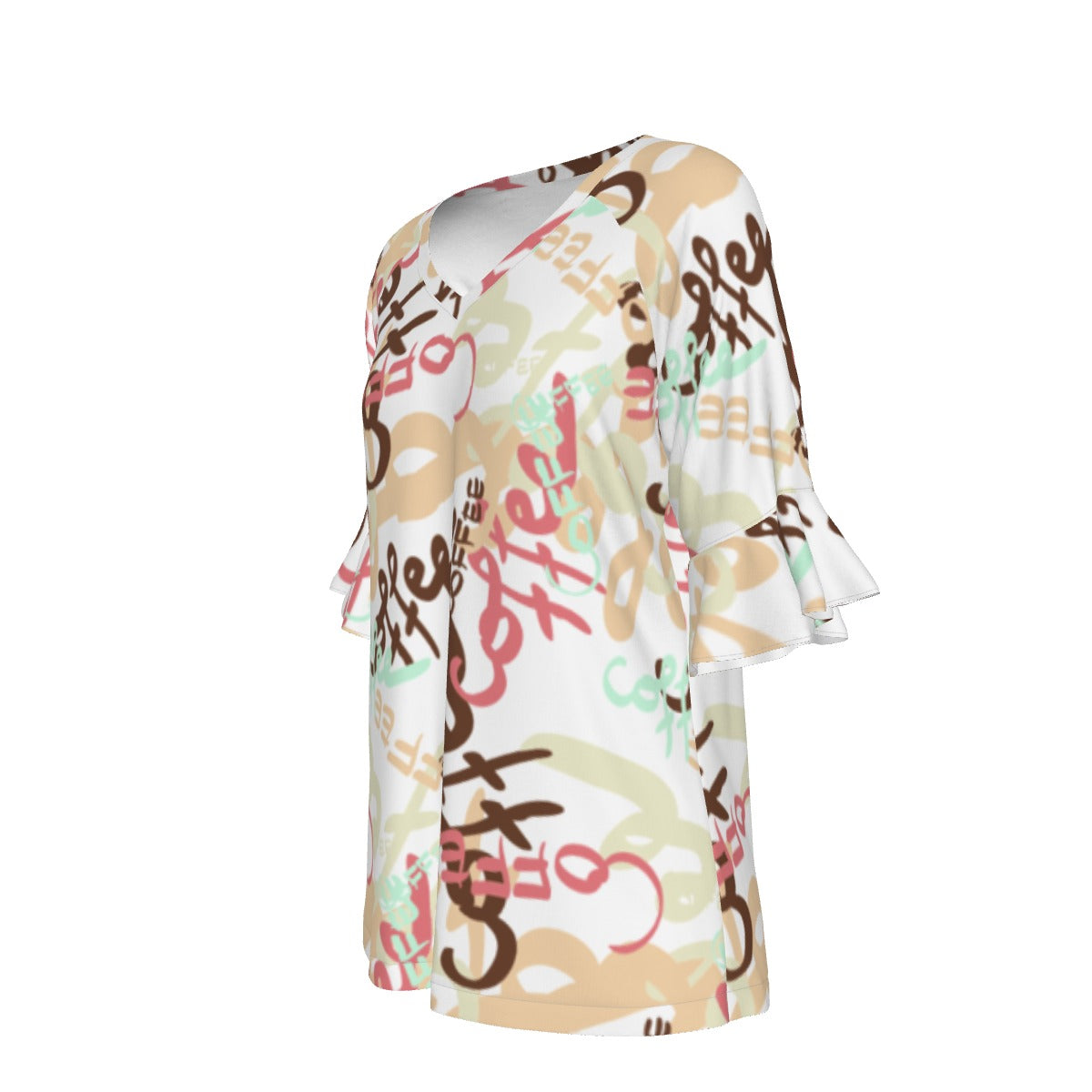 All-Over Print V-neck Women's T-shirt With Bell Sleeve