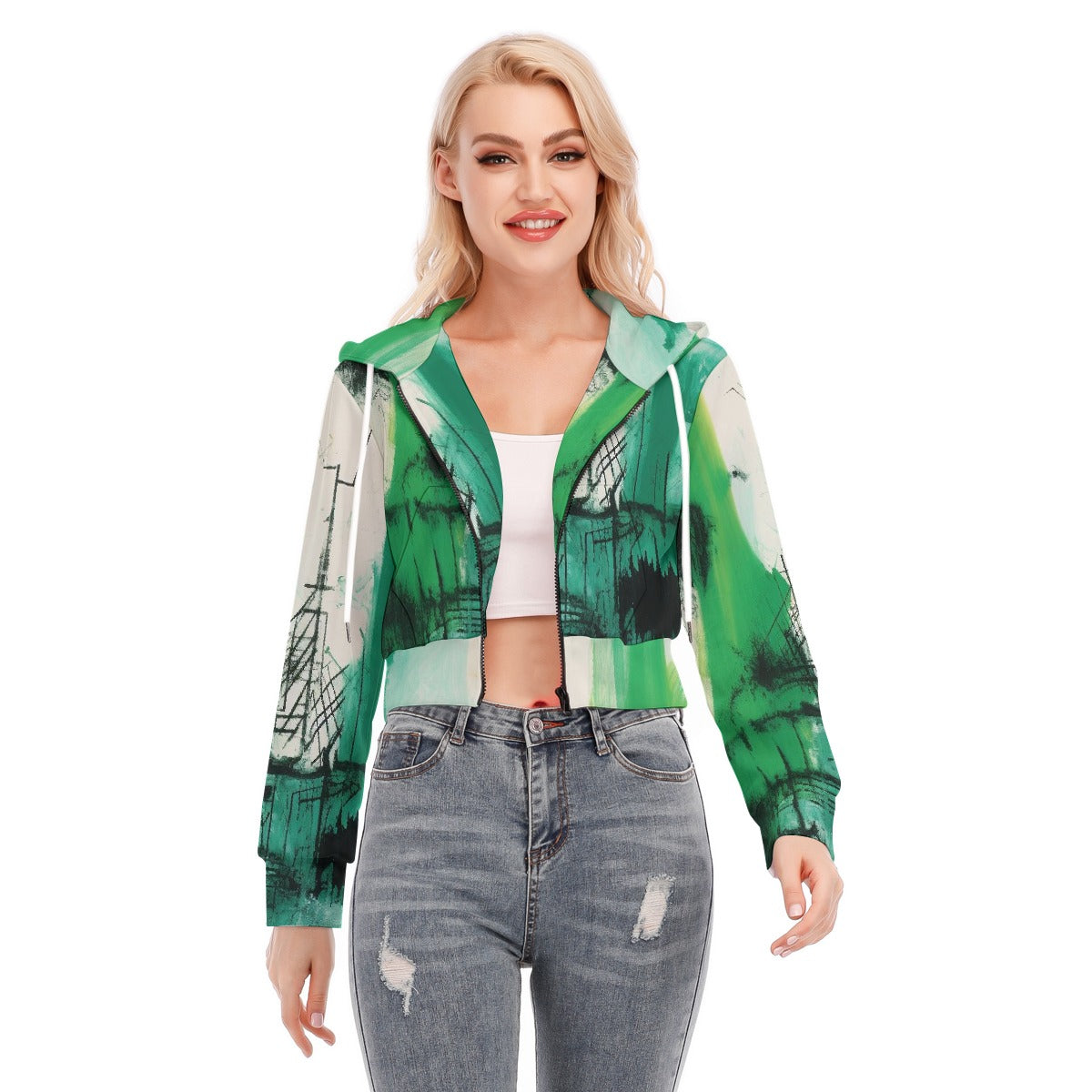 All-Over Print Women's Crop Top Hoodie With Zipper Closure