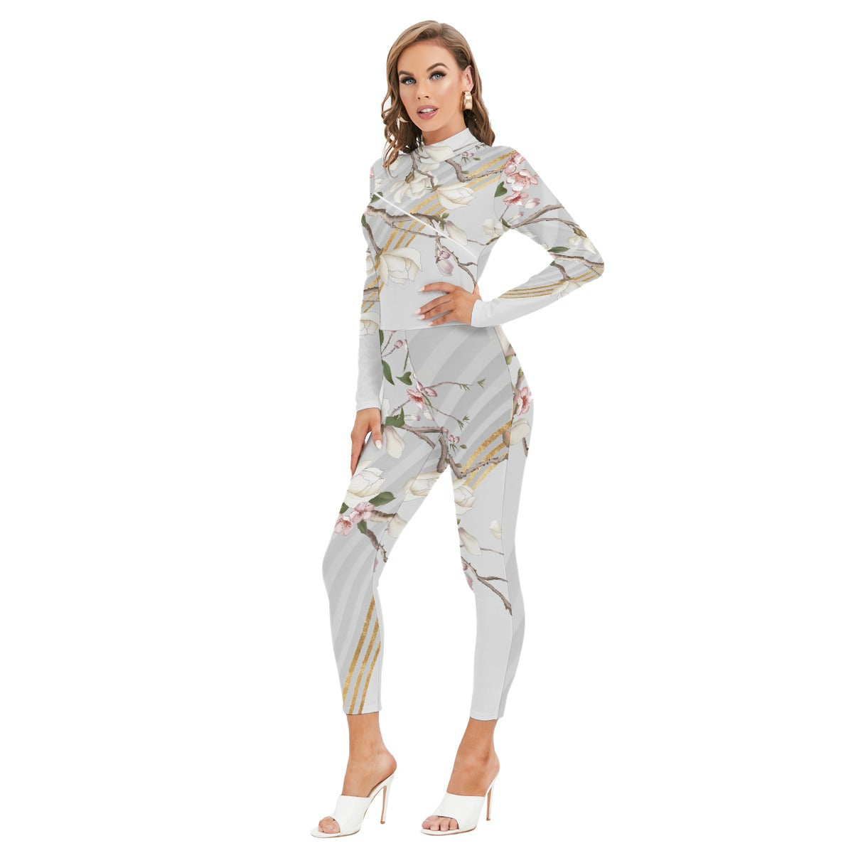 All-Over Print Women's Long-sleeved High-neck Jumpsuit With Zipper