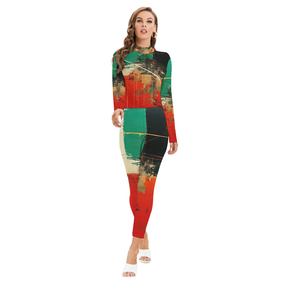 All-Over Print Women's Long-sleeved High-neck Jumpsuit With Zipper