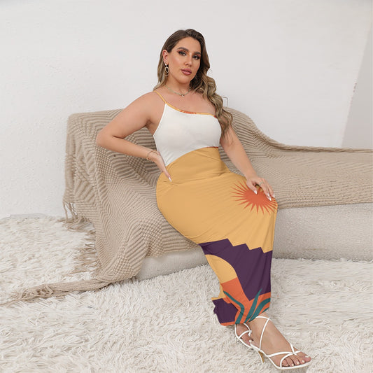 All-Over Print Women's Oblique-Shoulder Exposure Dress With Side Split (Plus Size)