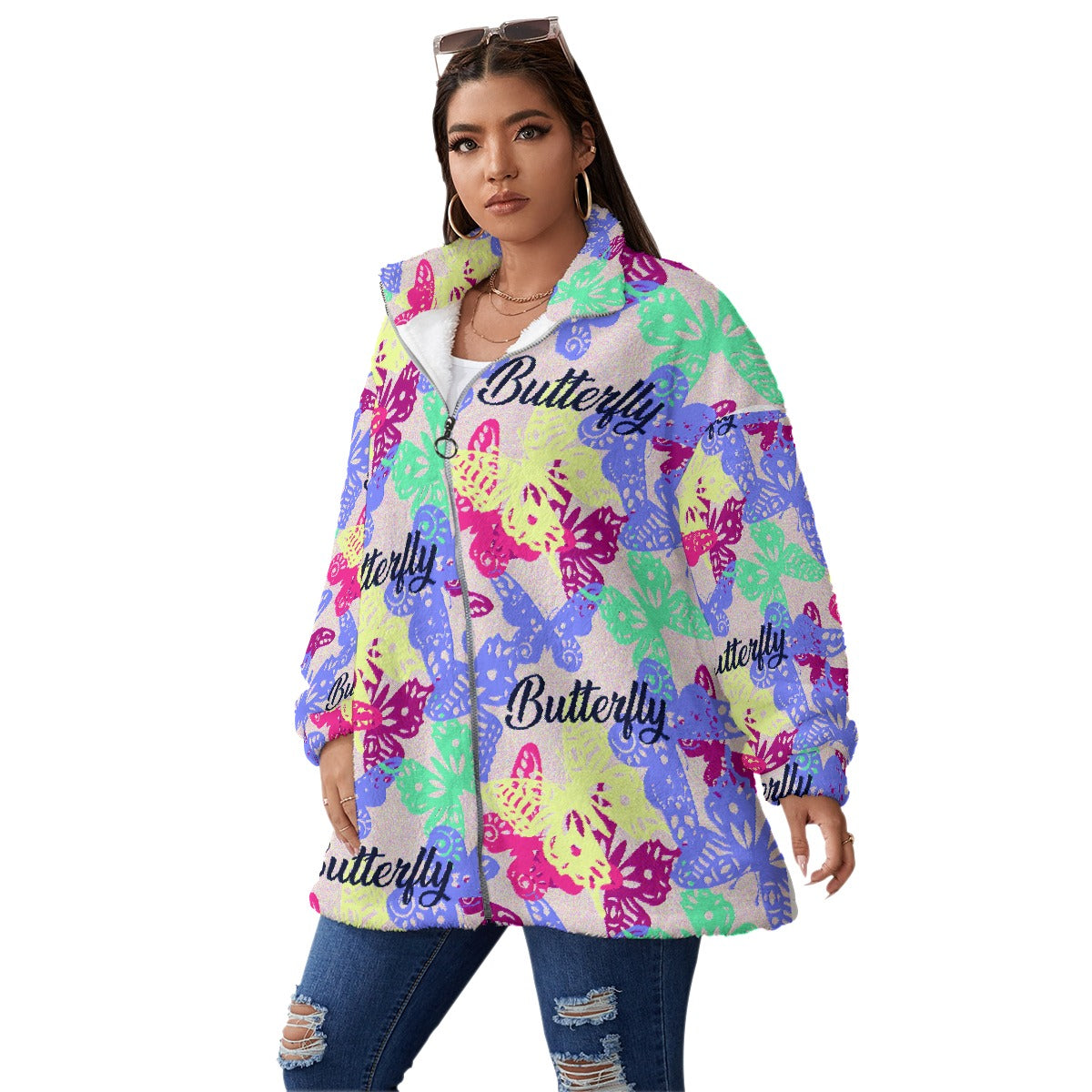 All-Over Print Unisex Borg Fleece Stand-up Collar Coat With Zipper Closure(Plus Size)