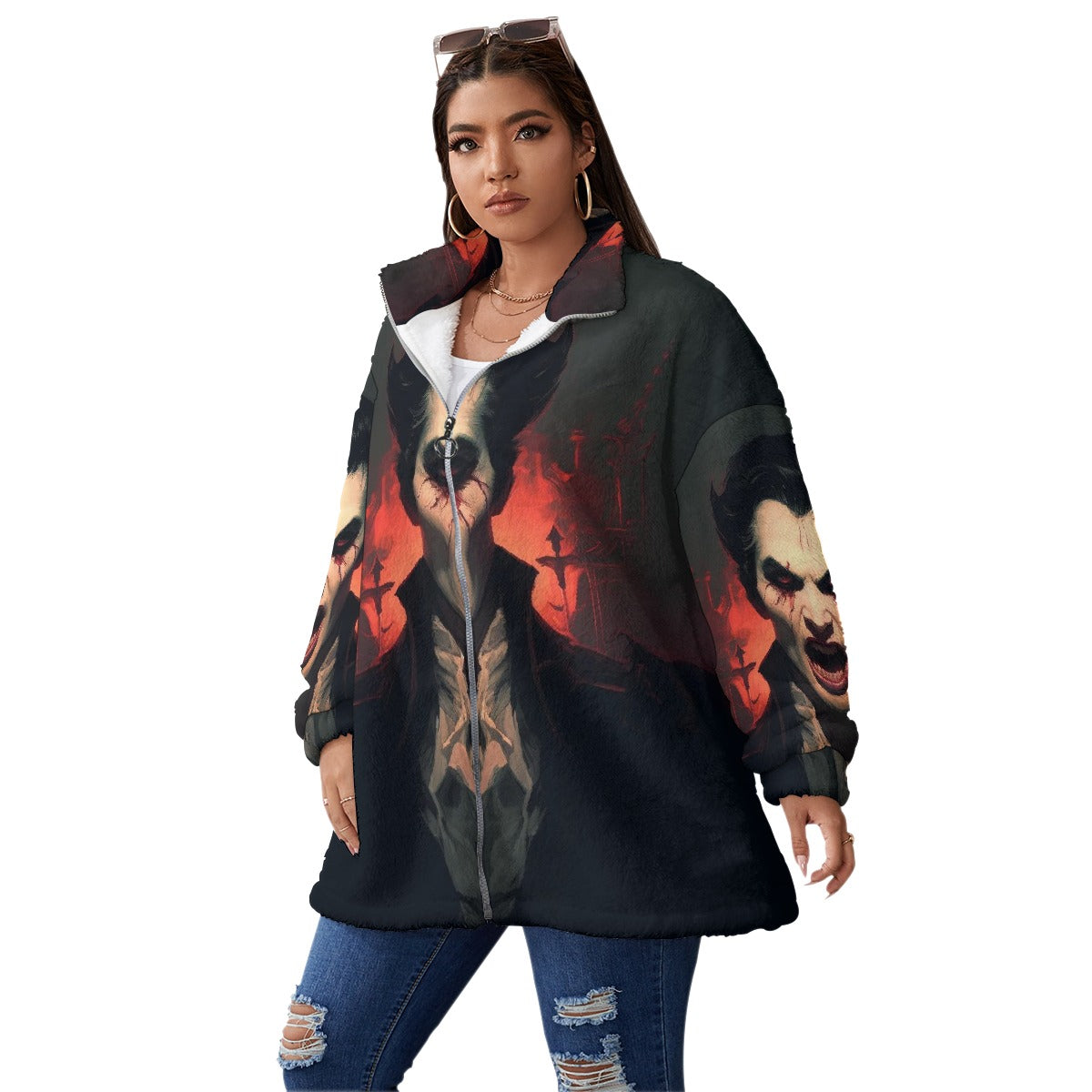All-Over Print Unisex Borg Fleece Stand-up Collar Coat With Zipper Closure(Plus Size)