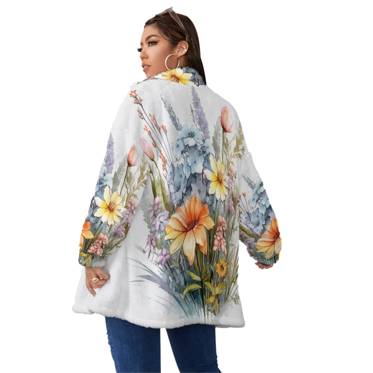 All-Over Print Unisex Borg Fleece Stand-up Collar Coat With Zipper Closure(Plus Size)