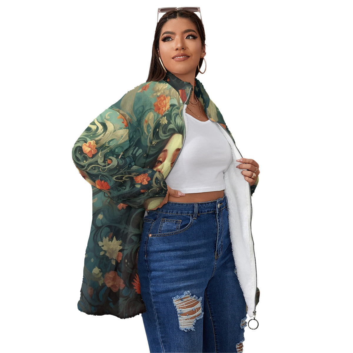 All-Over Print Unisex Borg Fleece Stand-up Collar Coat With Zipper Closure(Plus Size)