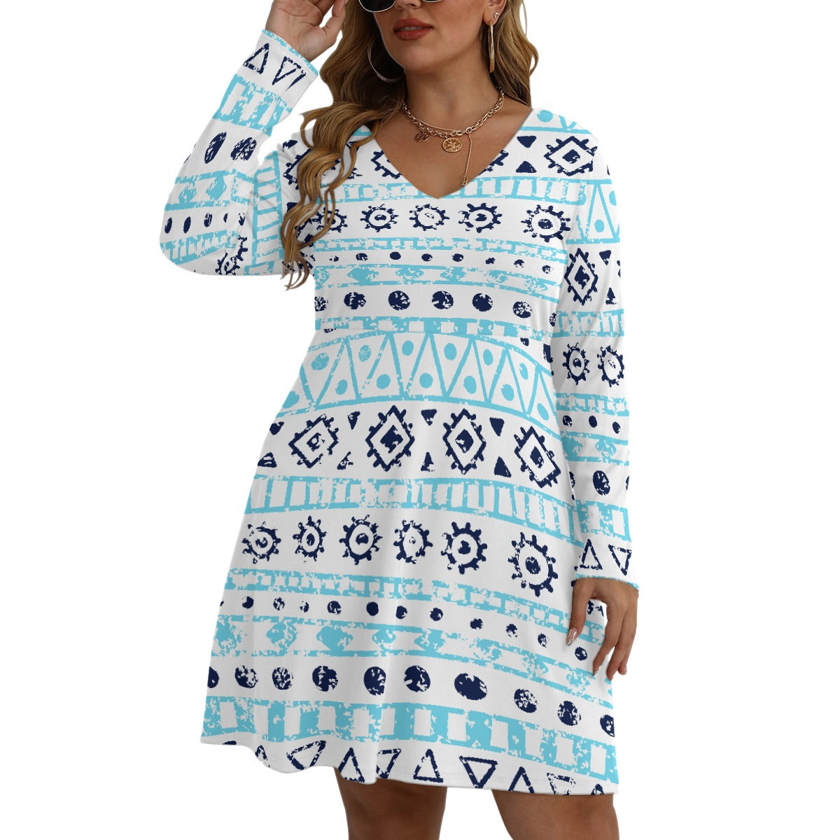 All-Over Print Women's V-neck Long Sleeve Dress(Plus Size)