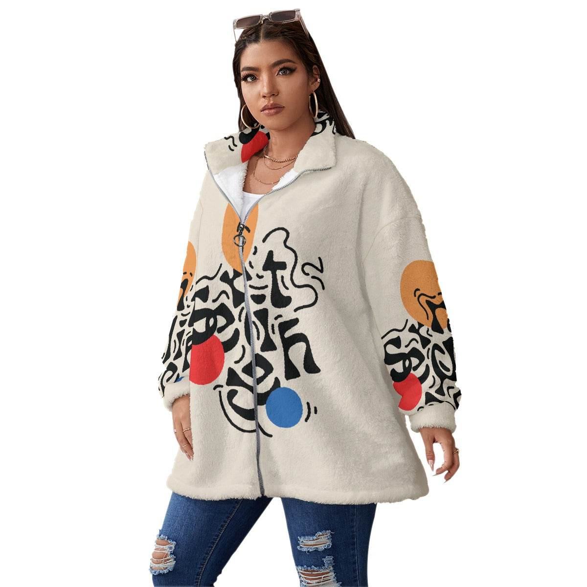 All-Over Print Unisex Borg Fleece Stand-up Collar Coat With Zipper Closure(Plus Size)