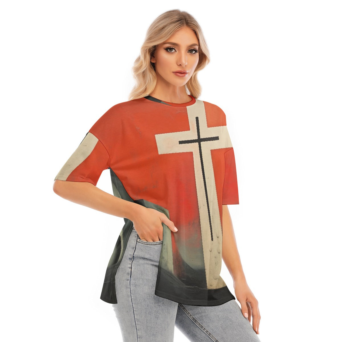 All-Over Print Women's Short Sleeves T-shirt With Hem Split