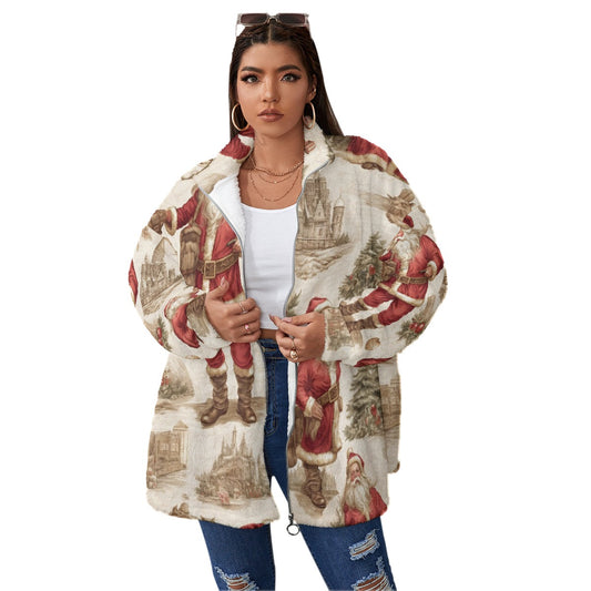 All-Over Print Unisex Borg Fleece Stand-up Collar Coat With Zipper Closure(Plus Size)