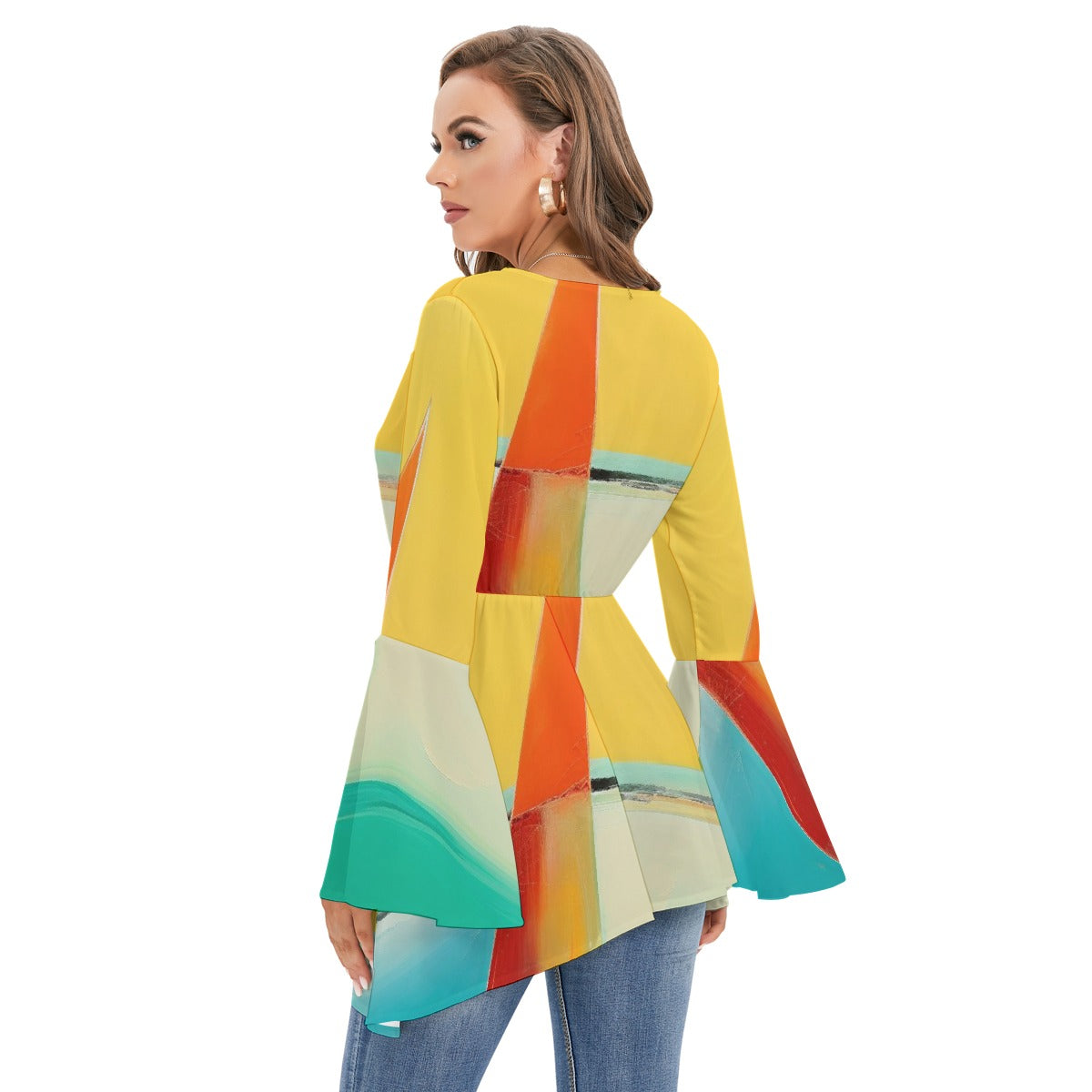 All-Over Print Women's V-neck Blouse With Flared Sleeves