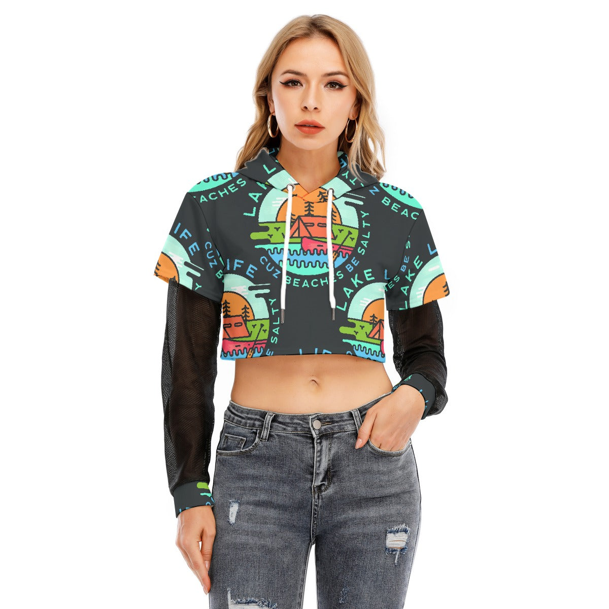 All-Over Print Women's Fake Two-piece Mesh Sleeve Cropped Hoodie