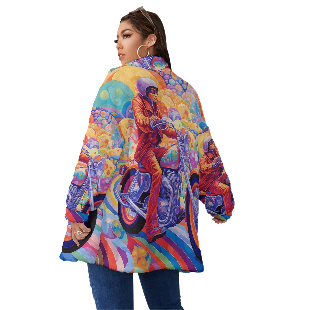 All-Over Print Unisex Borg Fleece Stand-up Collar Coat With Zipper Closure(Plus Size)