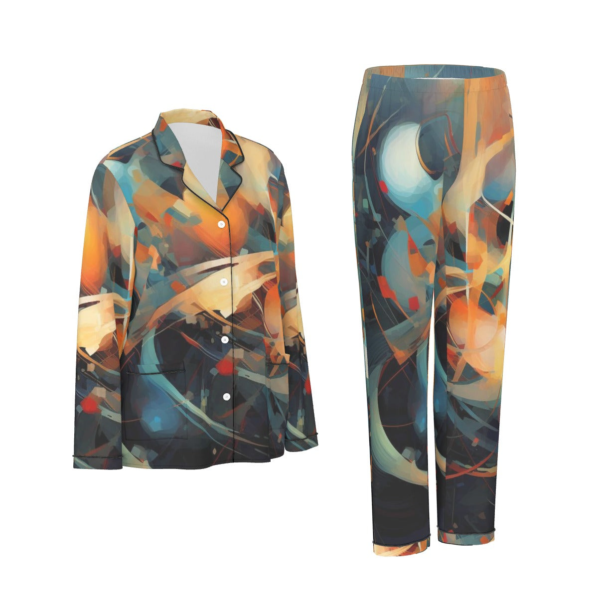 All-Over Print Women's Long Sleeve Pajama Set With Black Contrast Piping