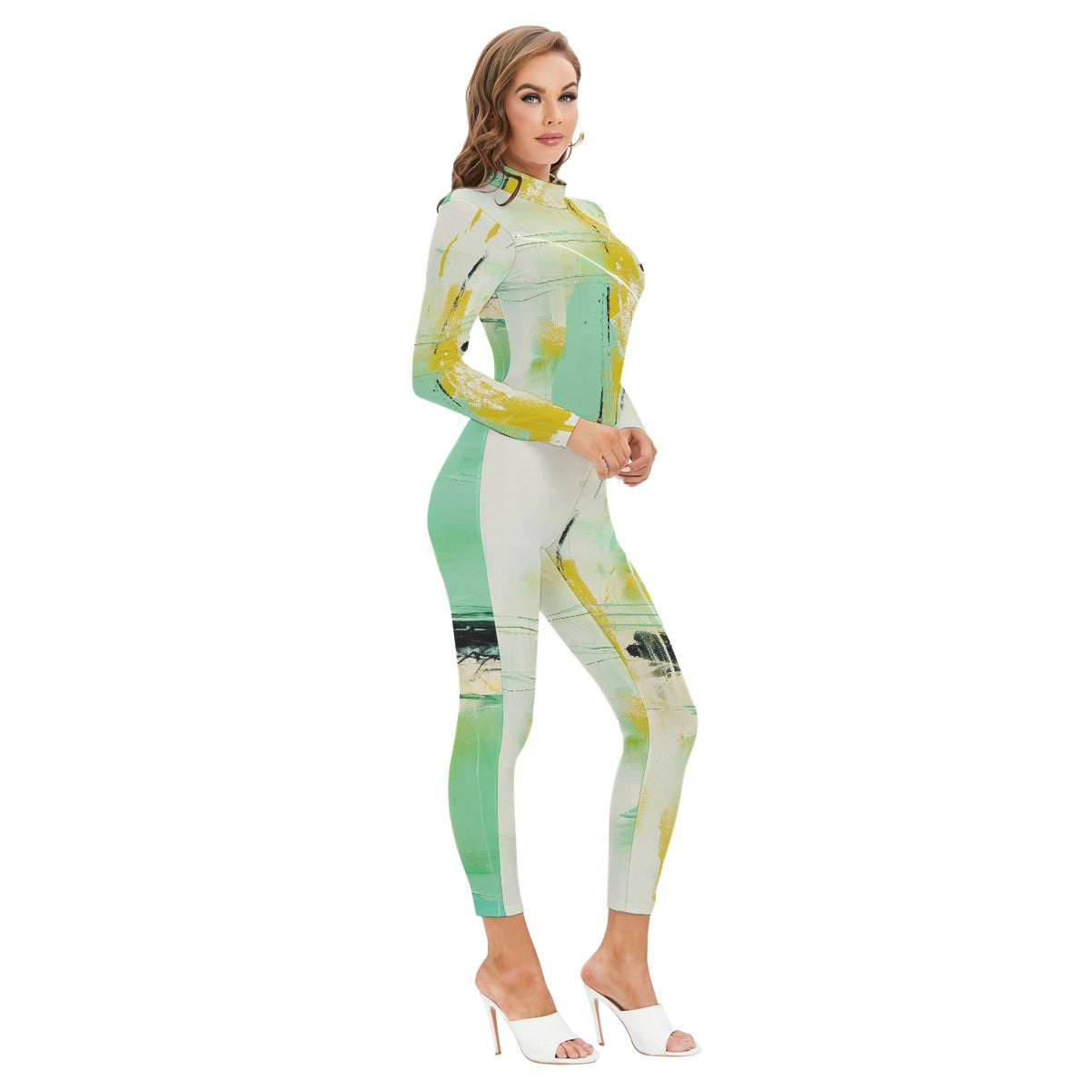 All-Over Print Women's Long-sleeved High-neck Jumpsuit With Zipper