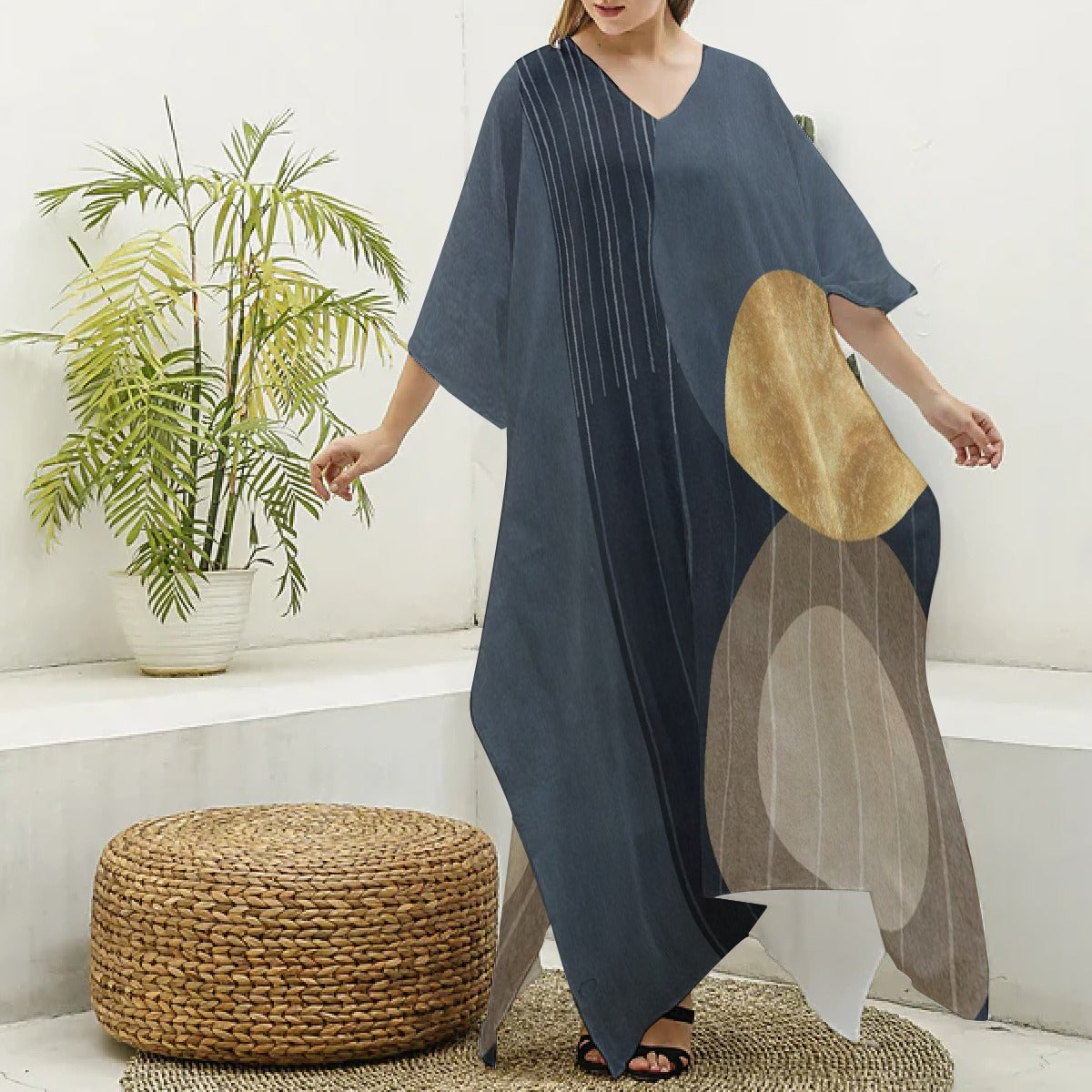 All-Over Print Women's Imitation Silk V-neck Kaftan Robe