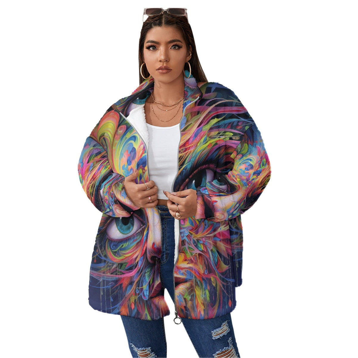 All-Over Print Unisex Borg Fleece Stand-up Collar Coat With Zipper Closure(Plus Size)