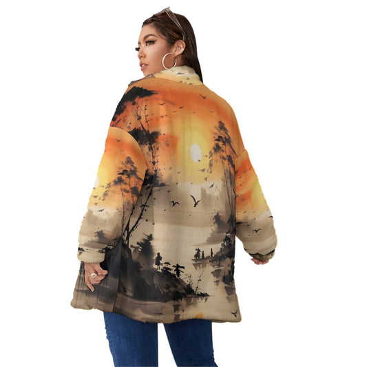 All-Over Print Unisex Borg Fleece Stand-up Collar Coat With Zipper Closure(Plus Size)