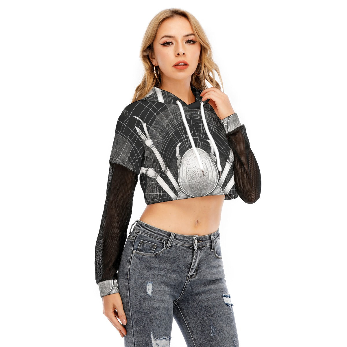 All-Over Print Women's Fake Two-piece Mesh Sleeve Cropped Hoodie