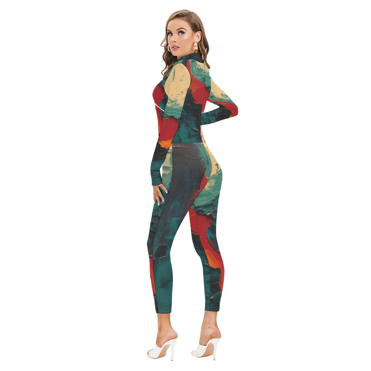 All-Over Print Women's Long-sleeved High-neck Jumpsuit With Zipper