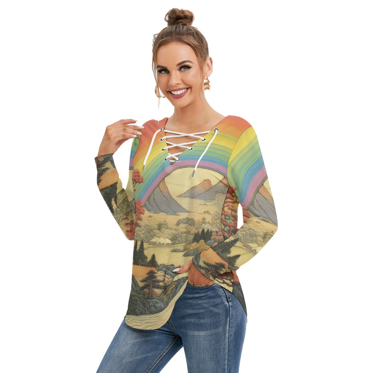 All-Over Print Women's Long Sleeve Neckline Tie Sweatshirt