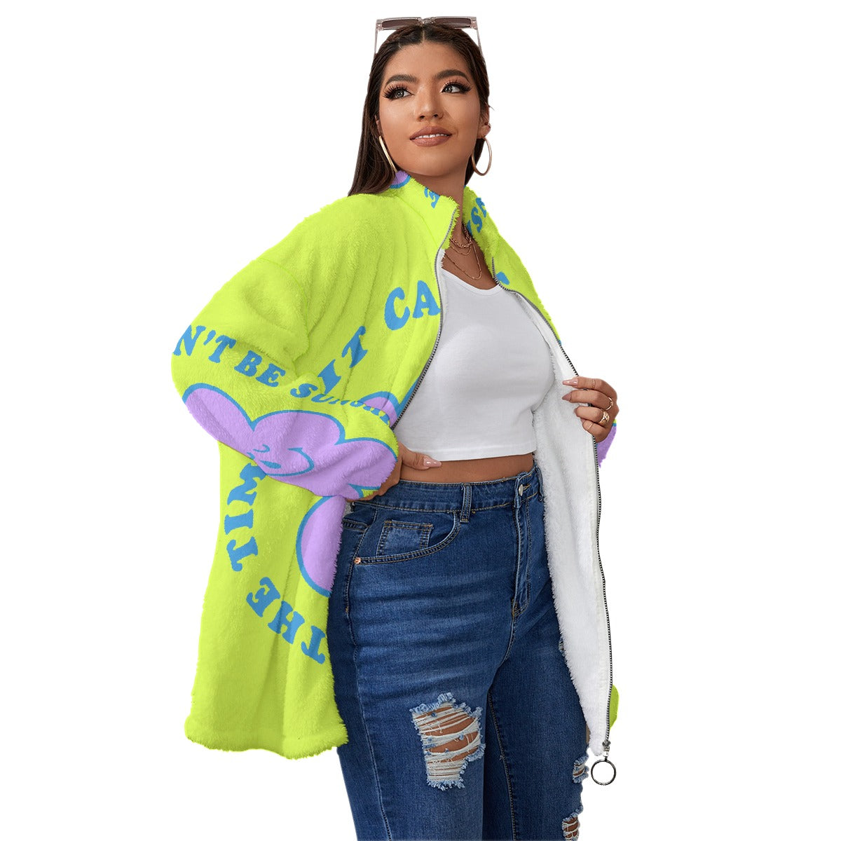 All-Over Print Unisex Borg Fleece Stand-up Collar Coat With Zipper Closure(Plus Size)