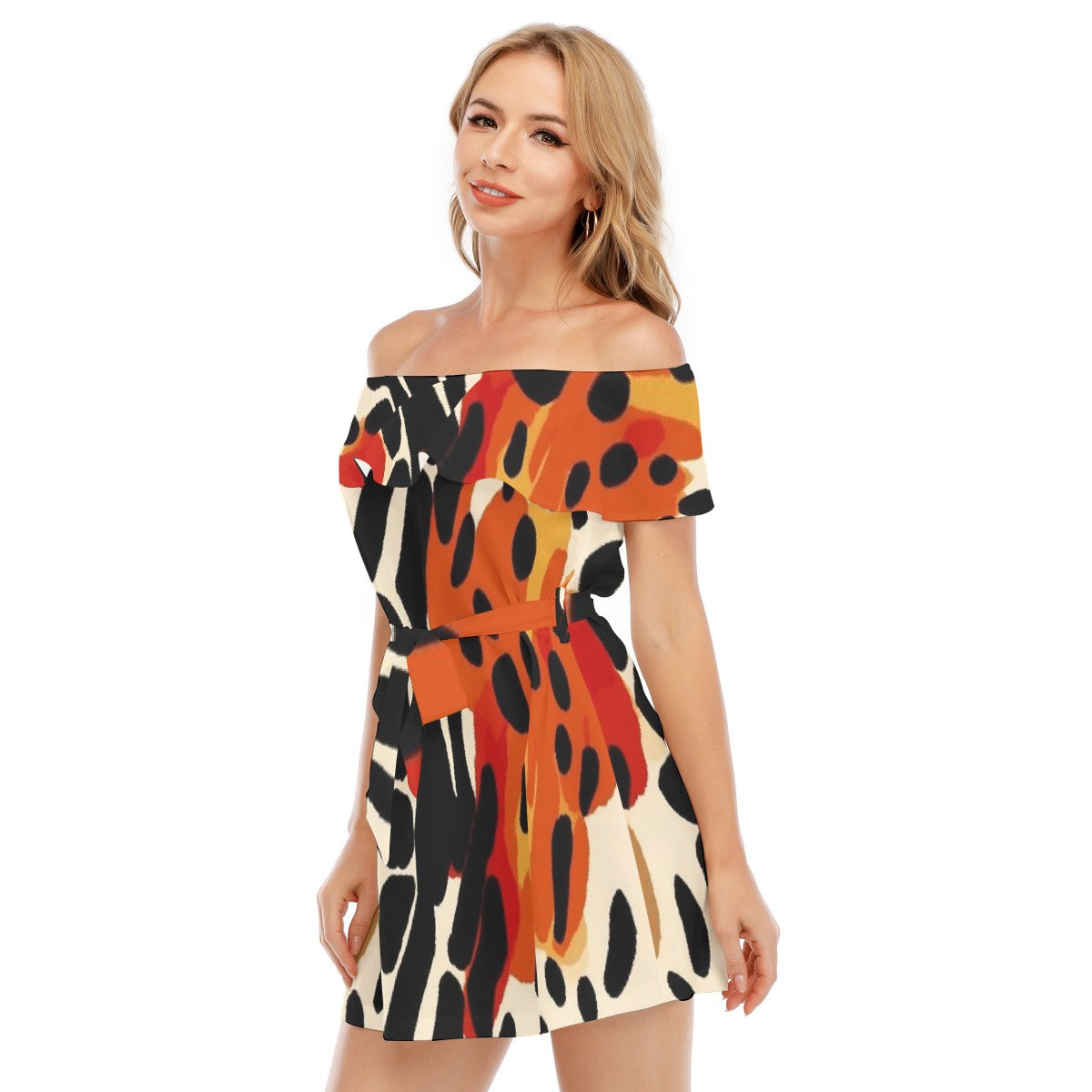 All-Over Print Women's Off-shoulder Dress With Ruffle