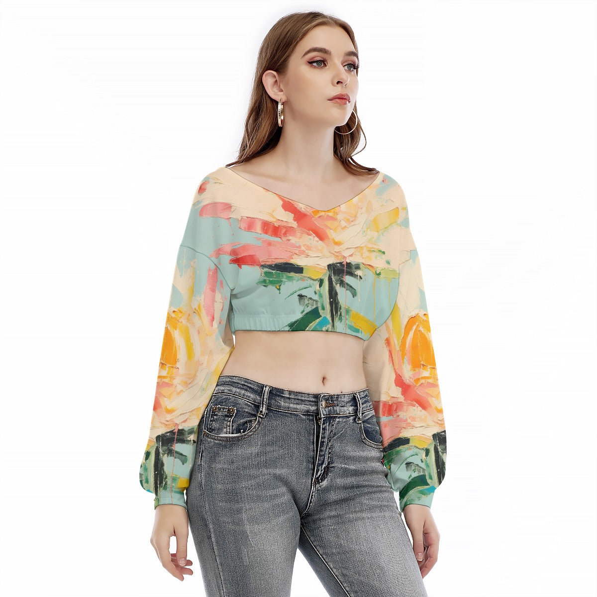 All-Over Print Women's V-neck Long Sleeve Cropped Sweatshirt
