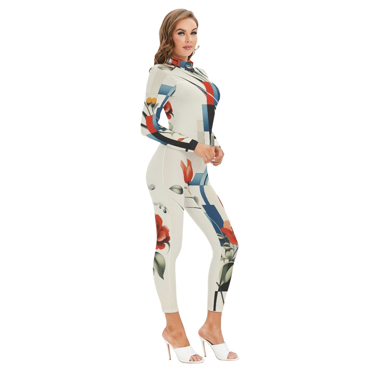All-Over Print Women's Long-sleeved High-neck Jumpsuit With Zipper