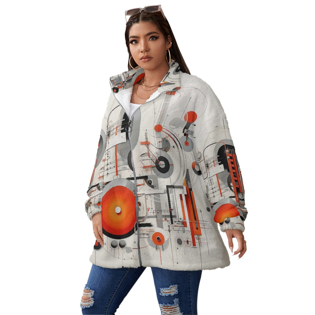 All-Over Print Unisex Borg Fleece Stand-up Collar Coat With Zipper Closure(Plus Size)