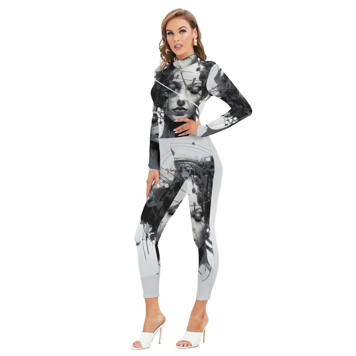 All-Over Print Women's Long-sleeved High-neck Jumpsuit With Zipper