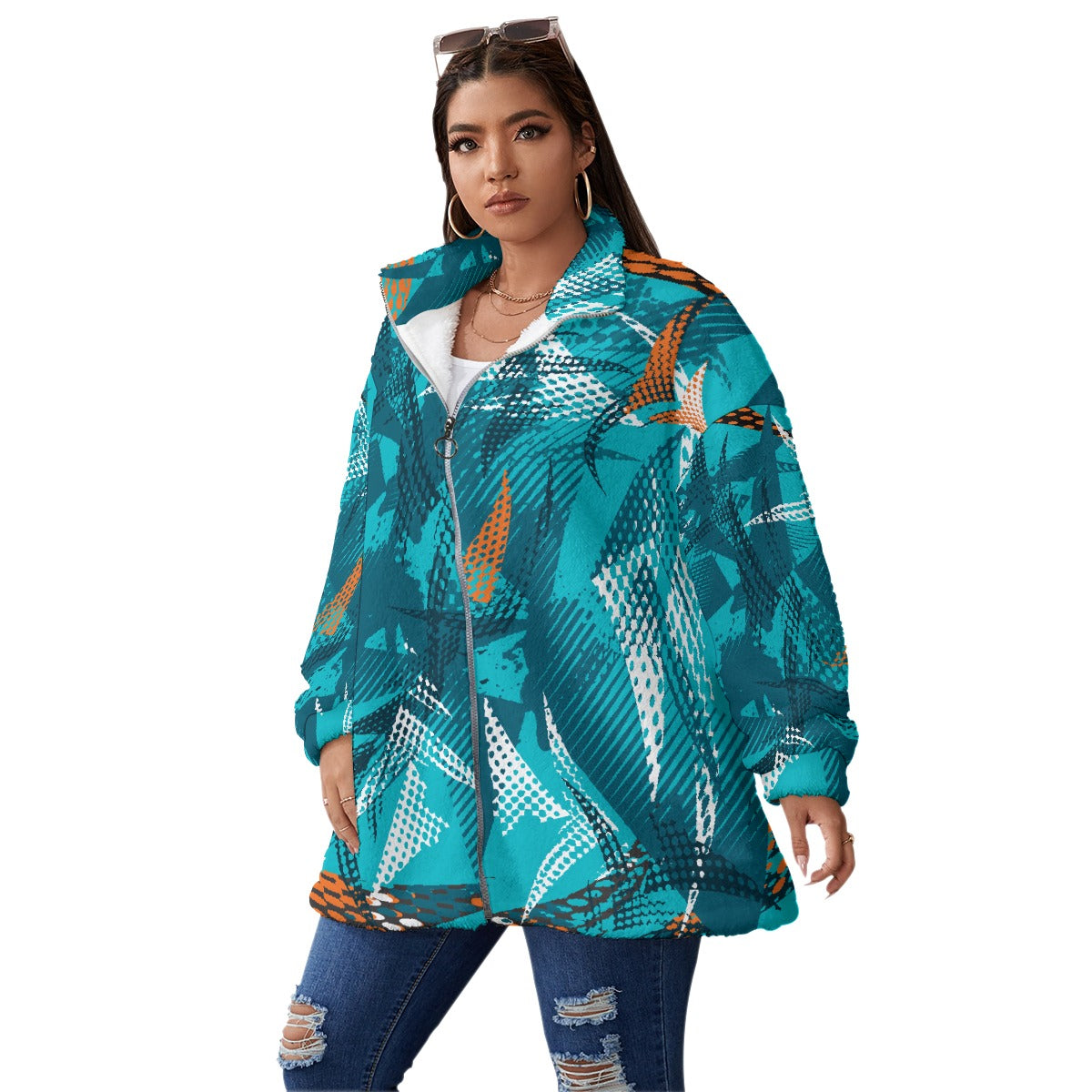 All-Over Print Unisex Borg Fleece Stand-up Collar Coat With Zipper Closure(Plus Size)