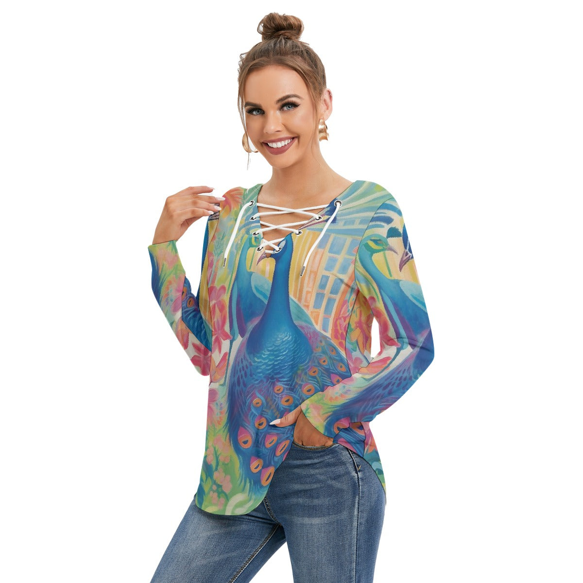 All-Over Print Women's Long Sleeve Neckline Tie Sweatshirt