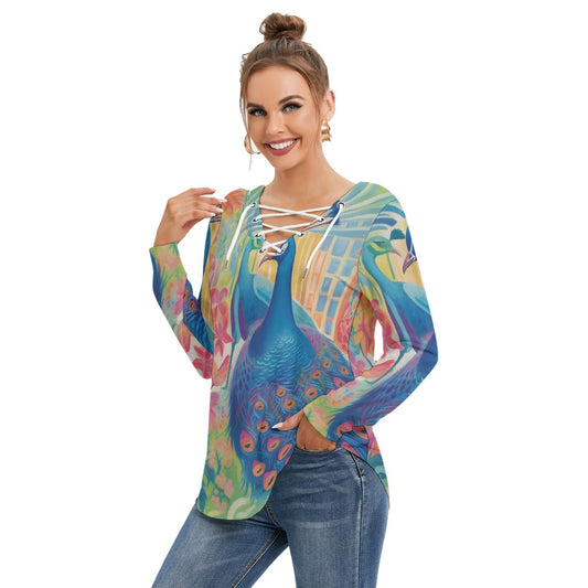 All-Over Print Women's Long Sleeve Neckline Tie Sweatshirt
