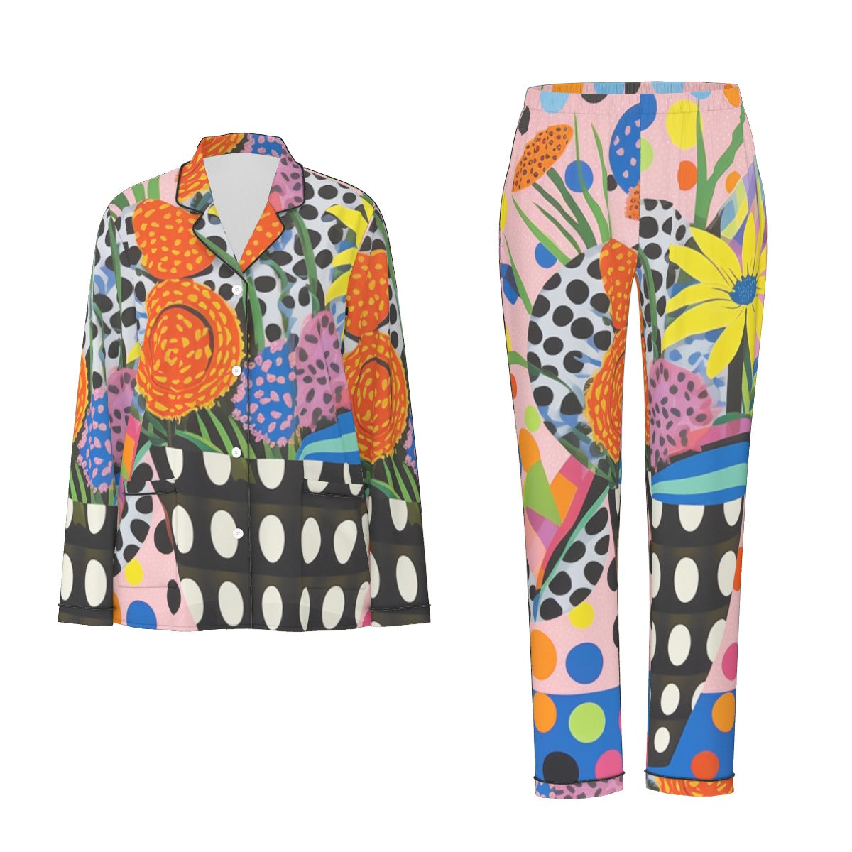 All-Over Print Women's Long Sleeve Pajama Set With Black Contrast Piping