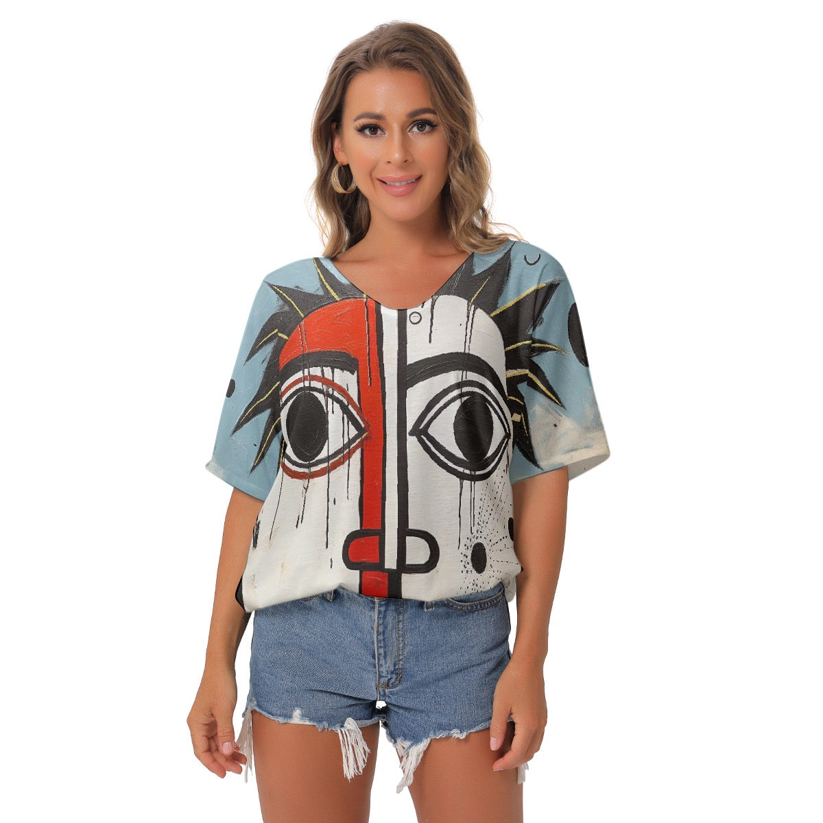 All-Over Print Women's Bat Sleeves V-Neck Blouse