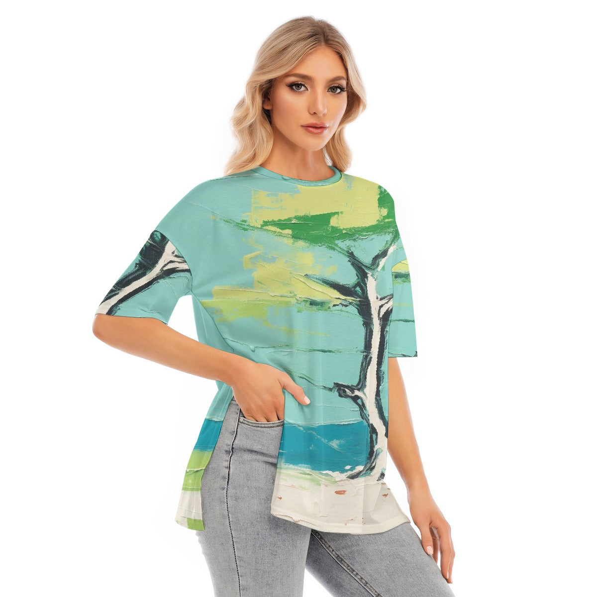 All-Over Print Women's Short Sleeves T-shirt With Hem Split