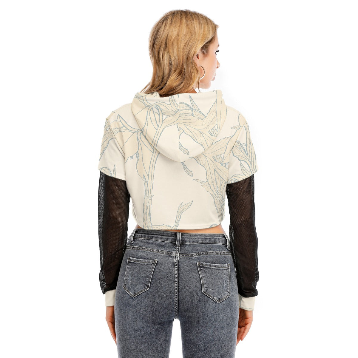 All-Over Print Women's Fake Two-piece Mesh Sleeve Cropped Hoodie
