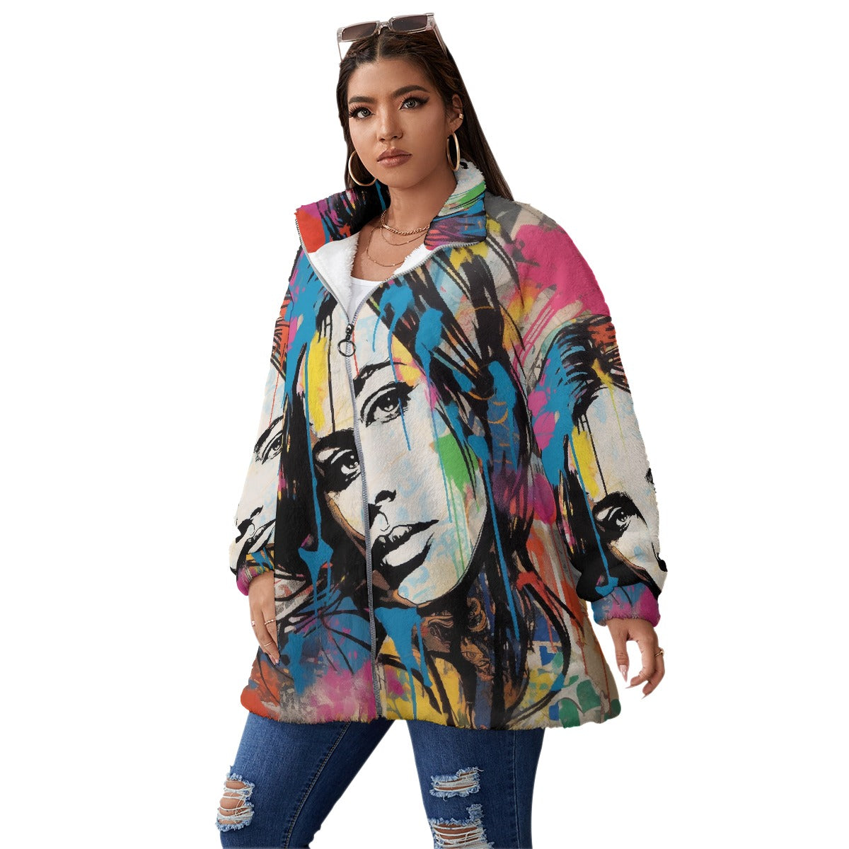 All-Over Print Unisex Borg Fleece Stand-up Collar Coat With Zipper Closure(Plus Size)
