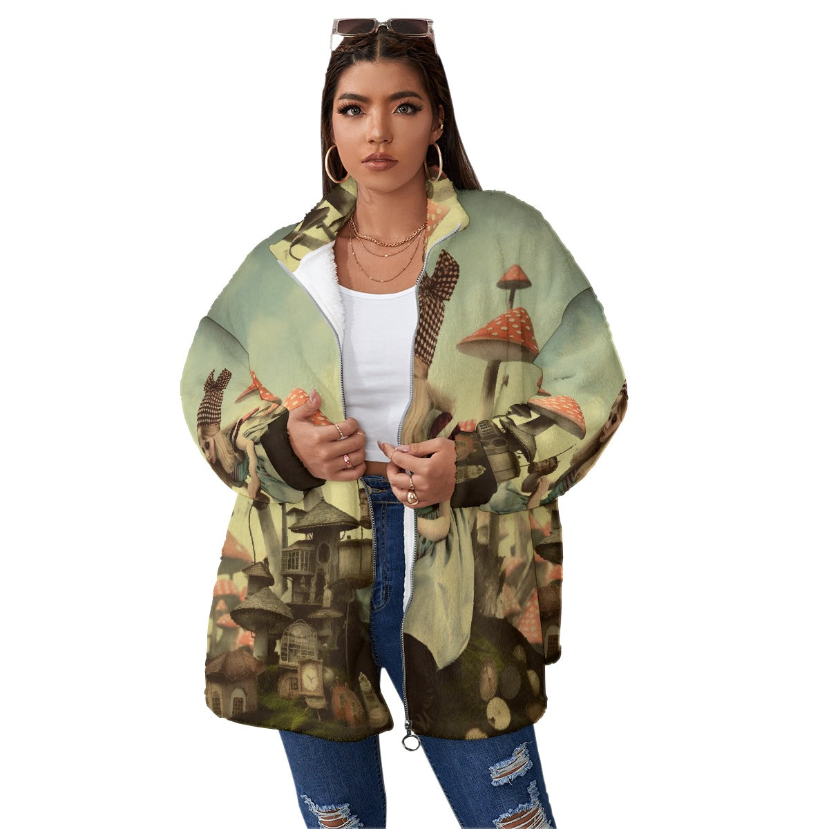 All-Over Print Unisex Borg Fleece Stand-up Collar Coat With Zipper Closure(Plus Size)