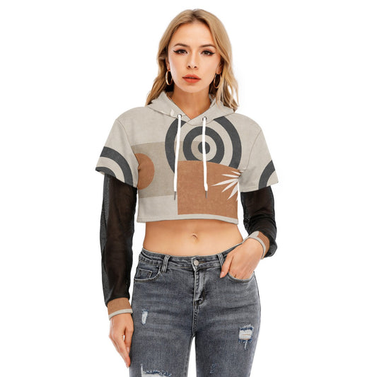 All-Over Print Women's Fake Two-piece Mesh Sleeve Cropped Hoodie