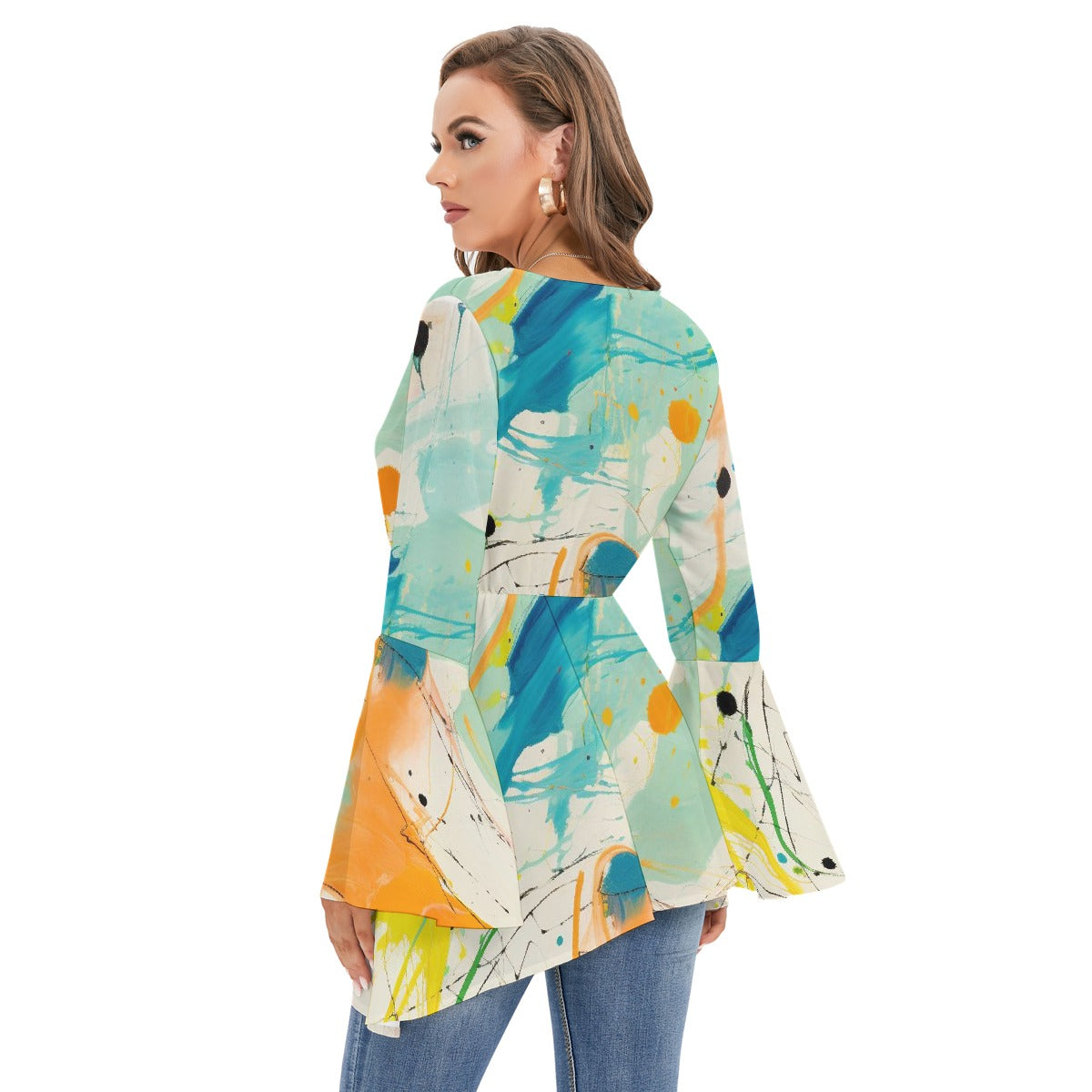 All-Over Print Women's V-neck Blouse With Flared Sleeves
