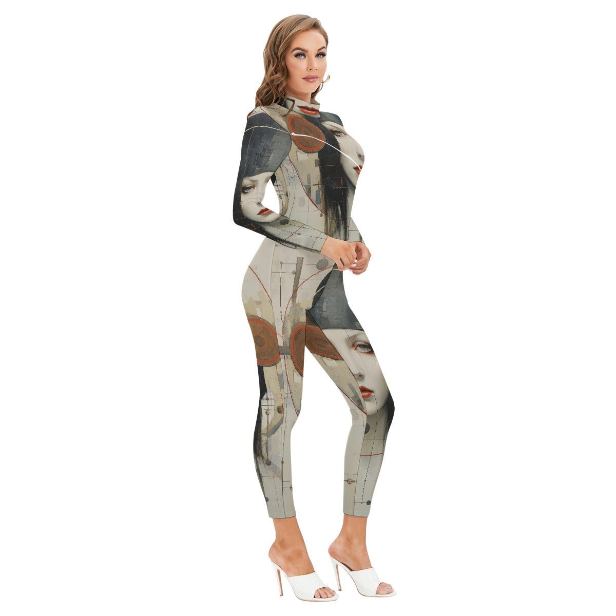 All-Over Print Women's Long-sleeved High-neck Jumpsuit With Zipper