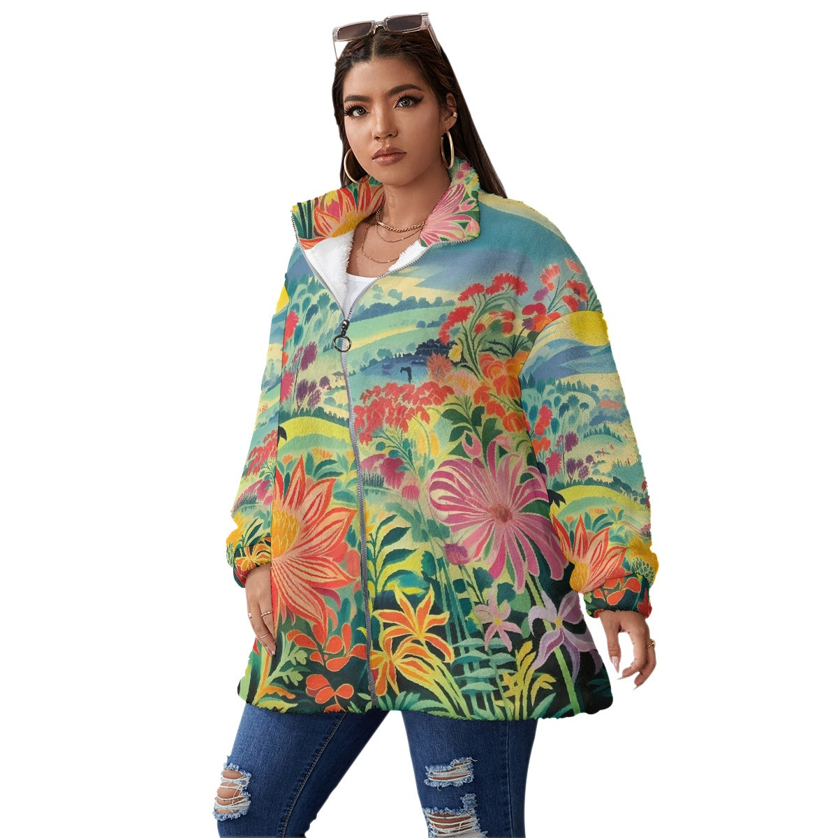 All-Over Print Unisex Borg Fleece Stand-up Collar Coat With Zipper Closure(Plus Size)